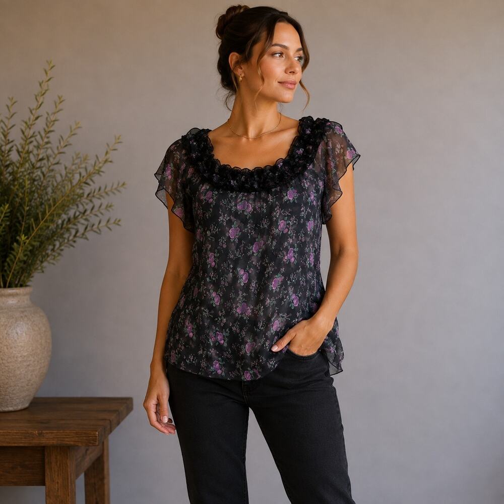Tess Black Purple Floral Sheer Short Sleeve Top 14